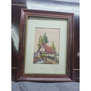 Mid Century Needlepoint cottage Scene 1960's Handmade  framed 9 x 7